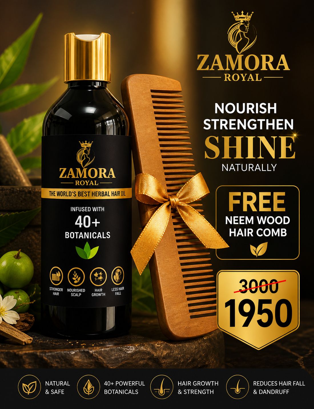 Zamora Royal Best Organic Hair Oil With Neem Wood Comb